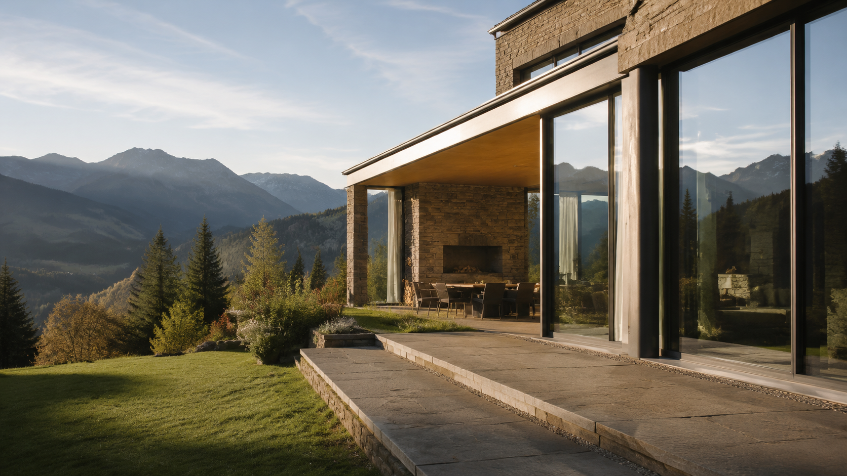 Mountain residence with full-height aluminium glazing