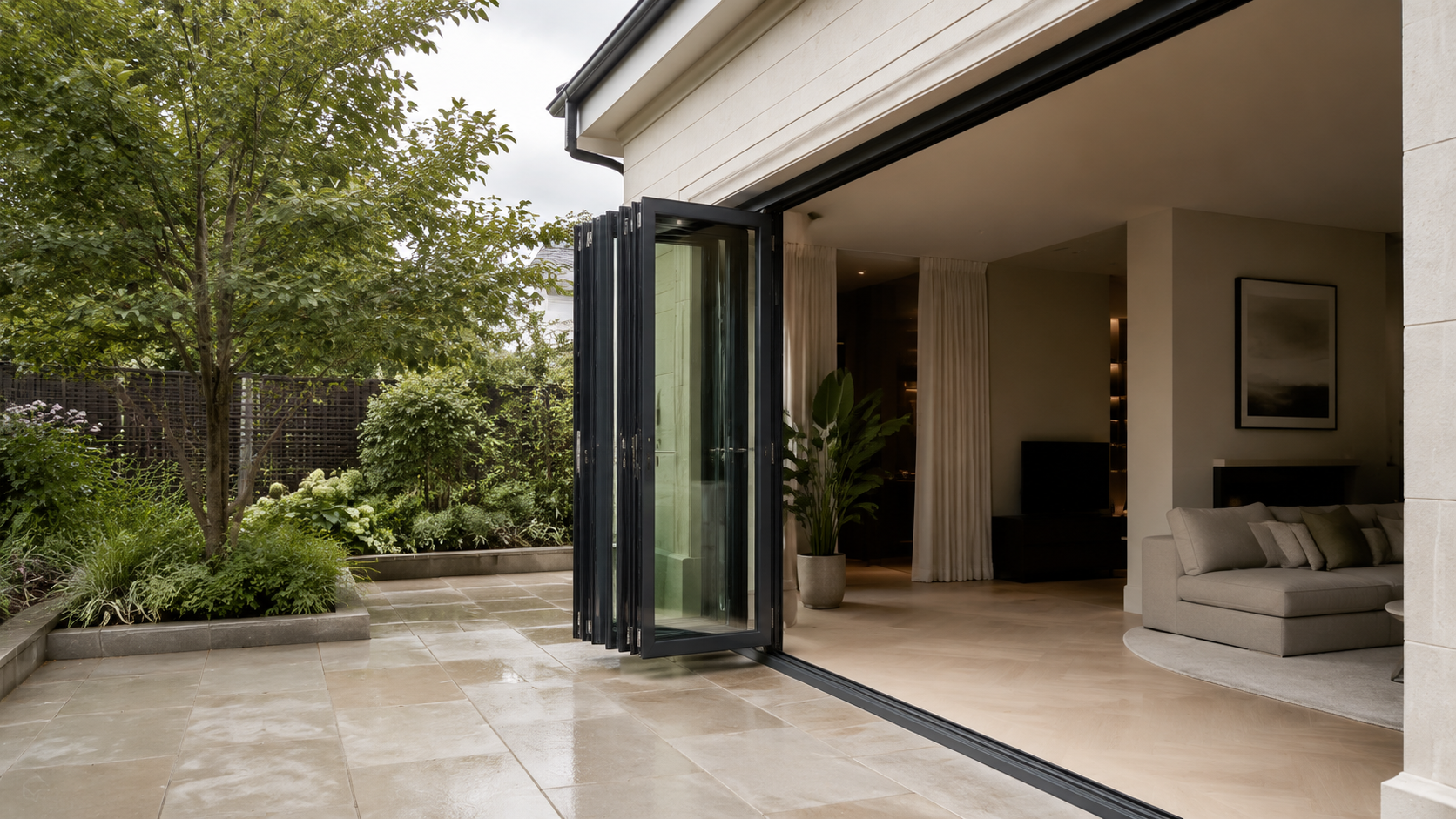 Villa courtyard with open aluminium folding door