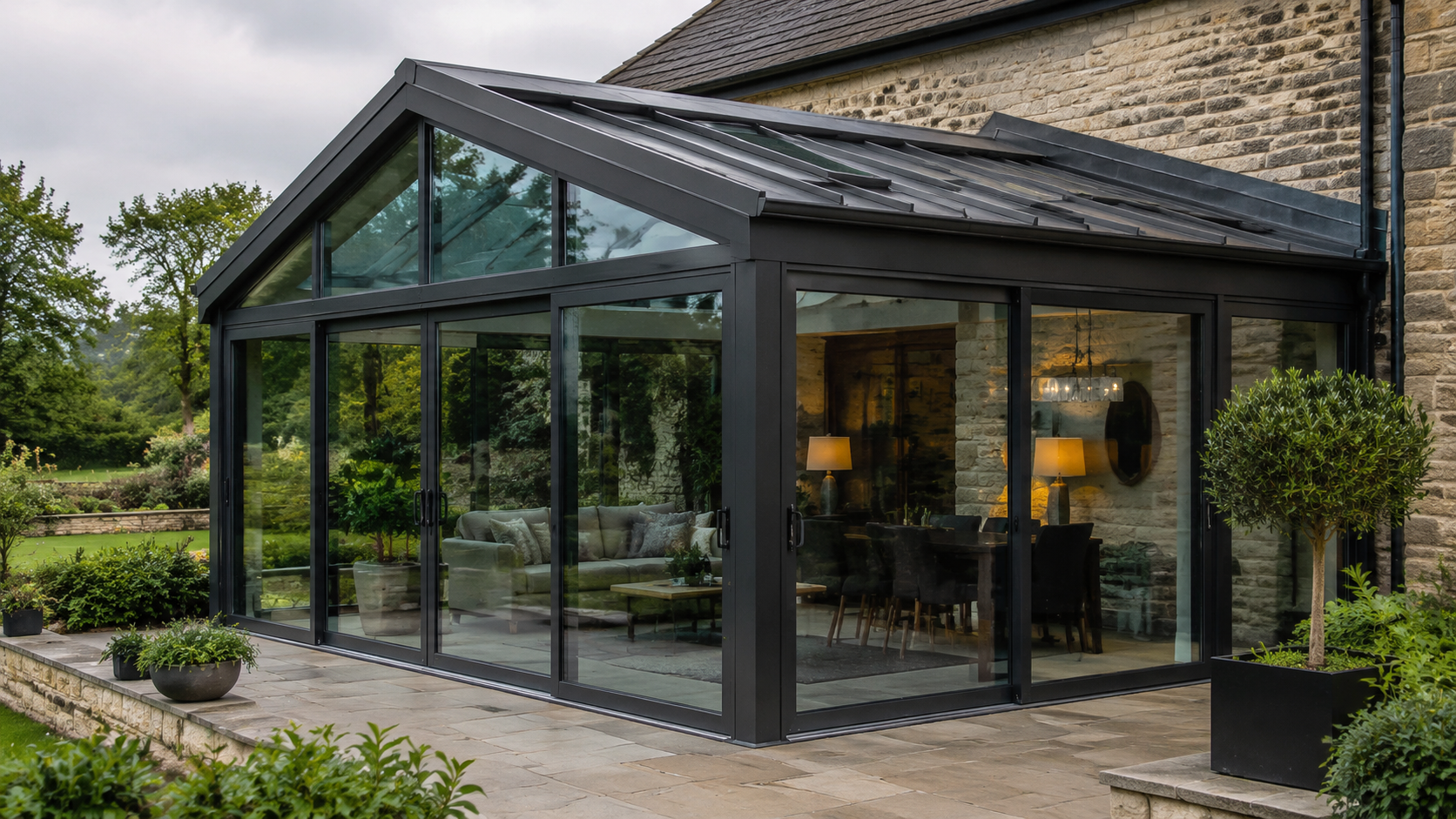 Insulated aluminium sunroom with selective roof glazing