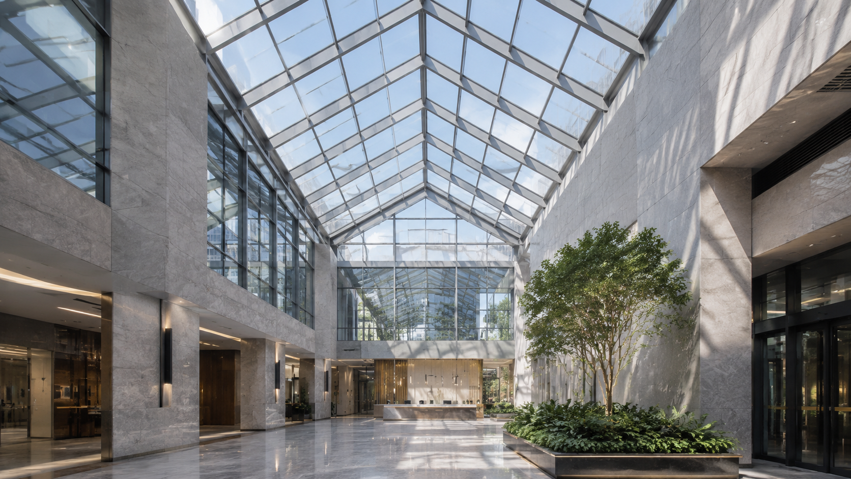 Commercial atrium with unitized glass skylight