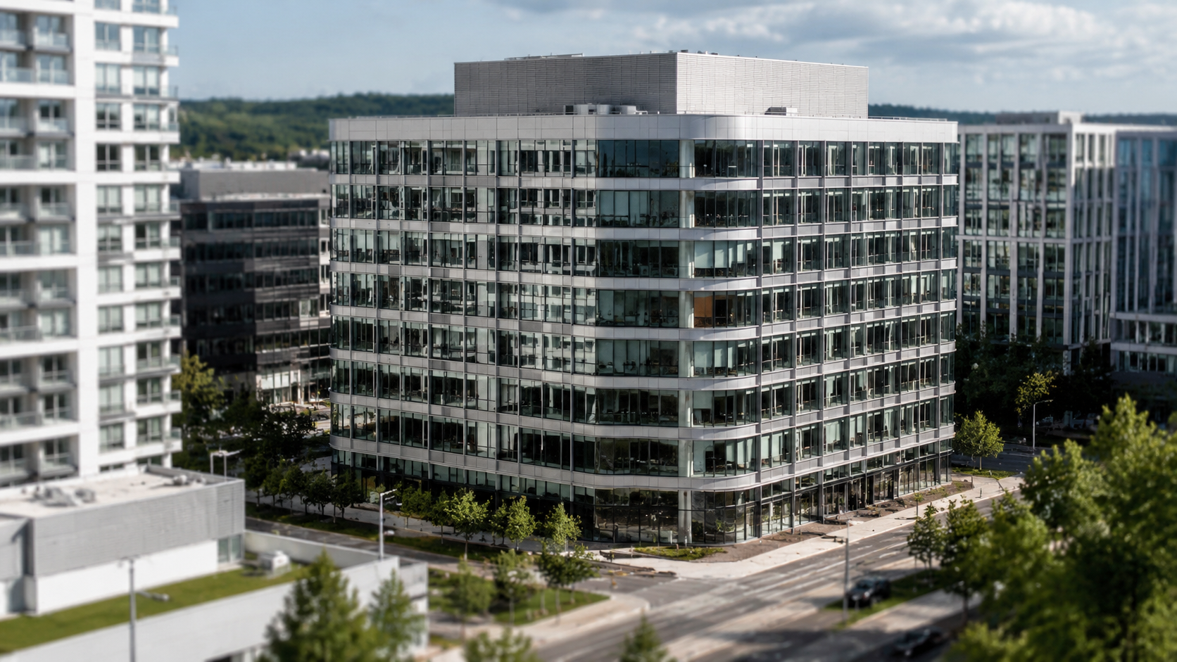 Office building with unitized curtain wall facade