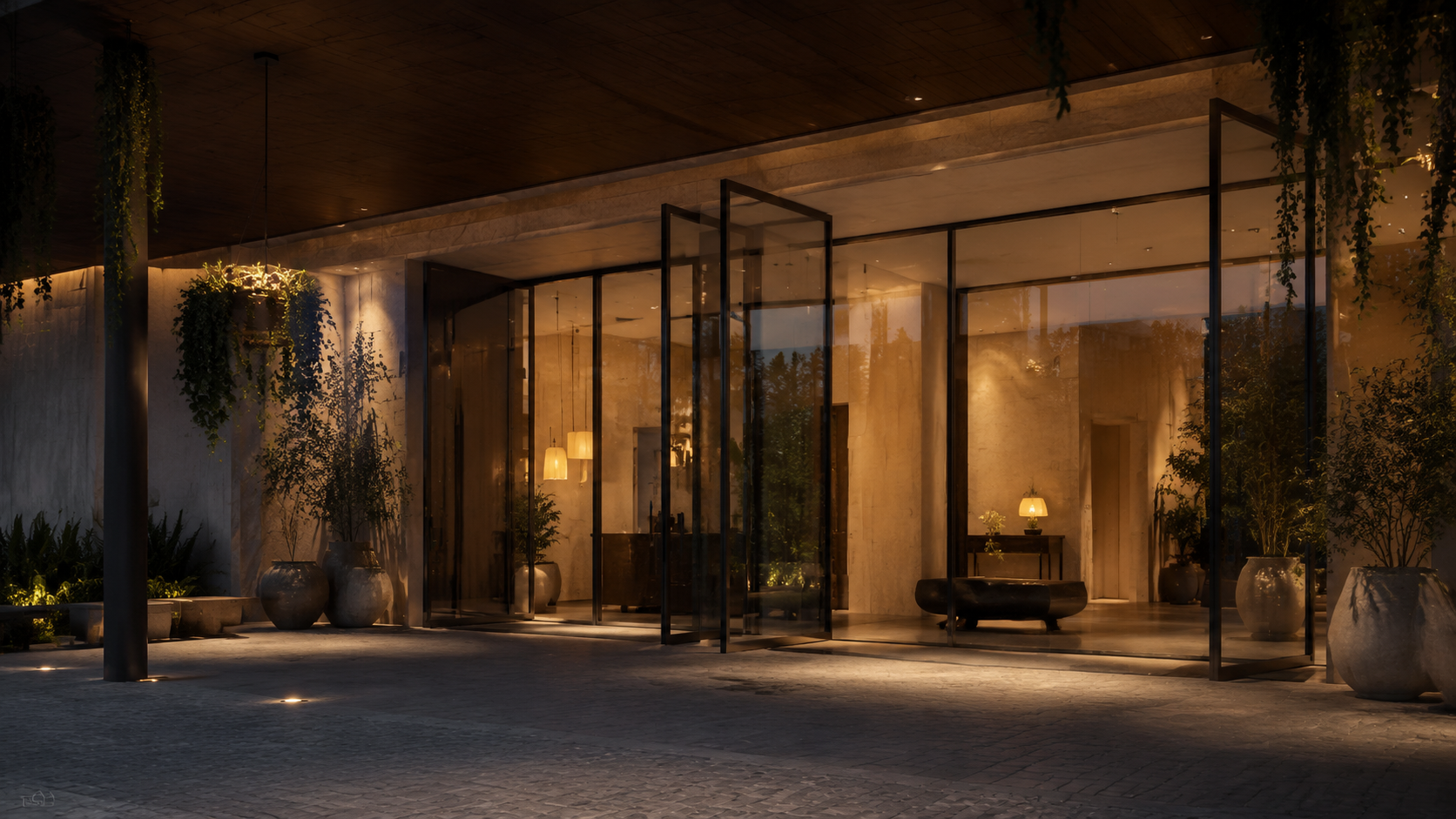 Hospitality entrance with aluminium framed pivot doors