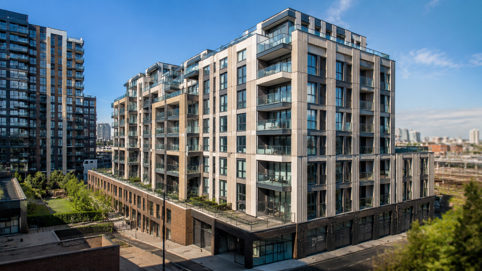 Apartment facade with aluminium windows and balcony glazing