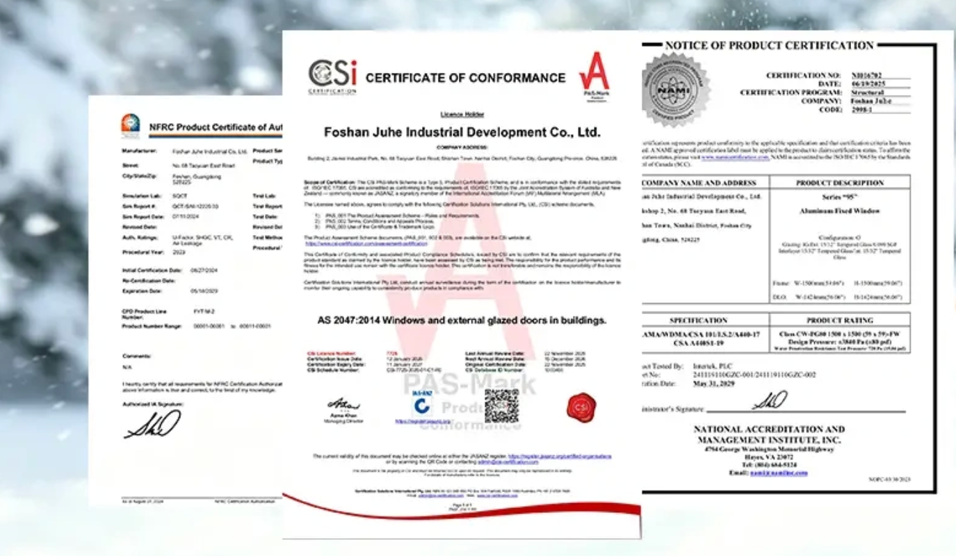 JUHEINTL product certification records for aluminium window and external glazed door systems