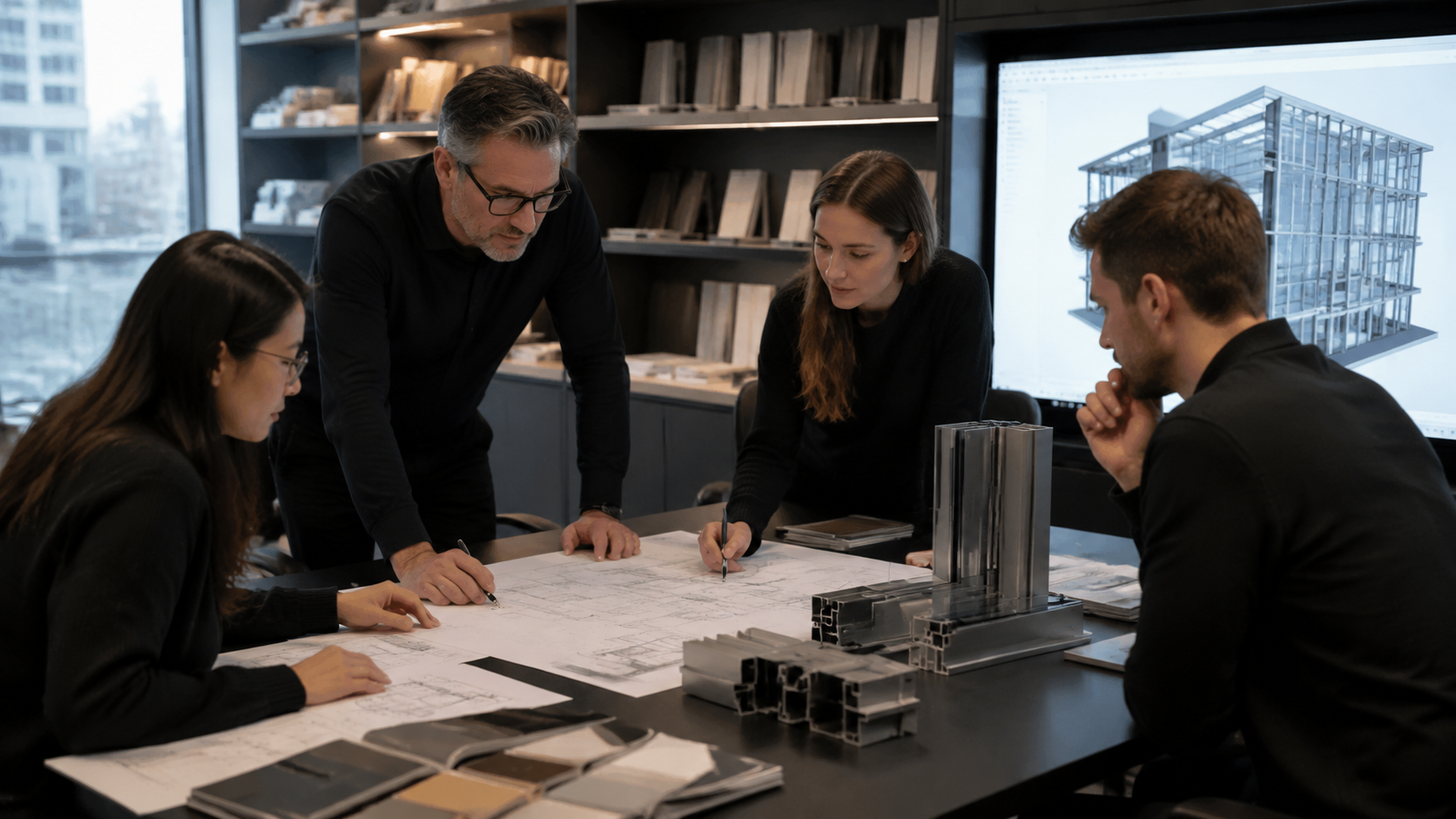 Facade engineering team reviewing drawings and aluminium profiles