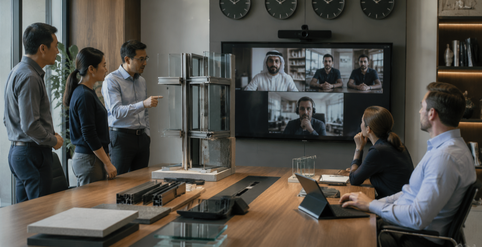 Global facade project coordination meeting with remote teams