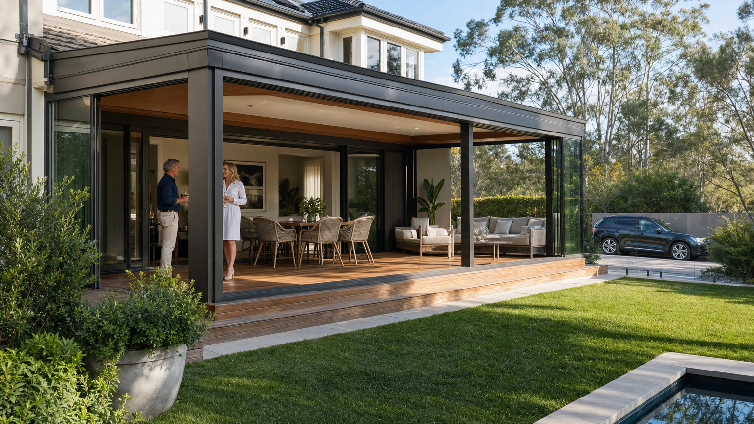 Insulated aluminium sunroom attached to an Australian villa terrace