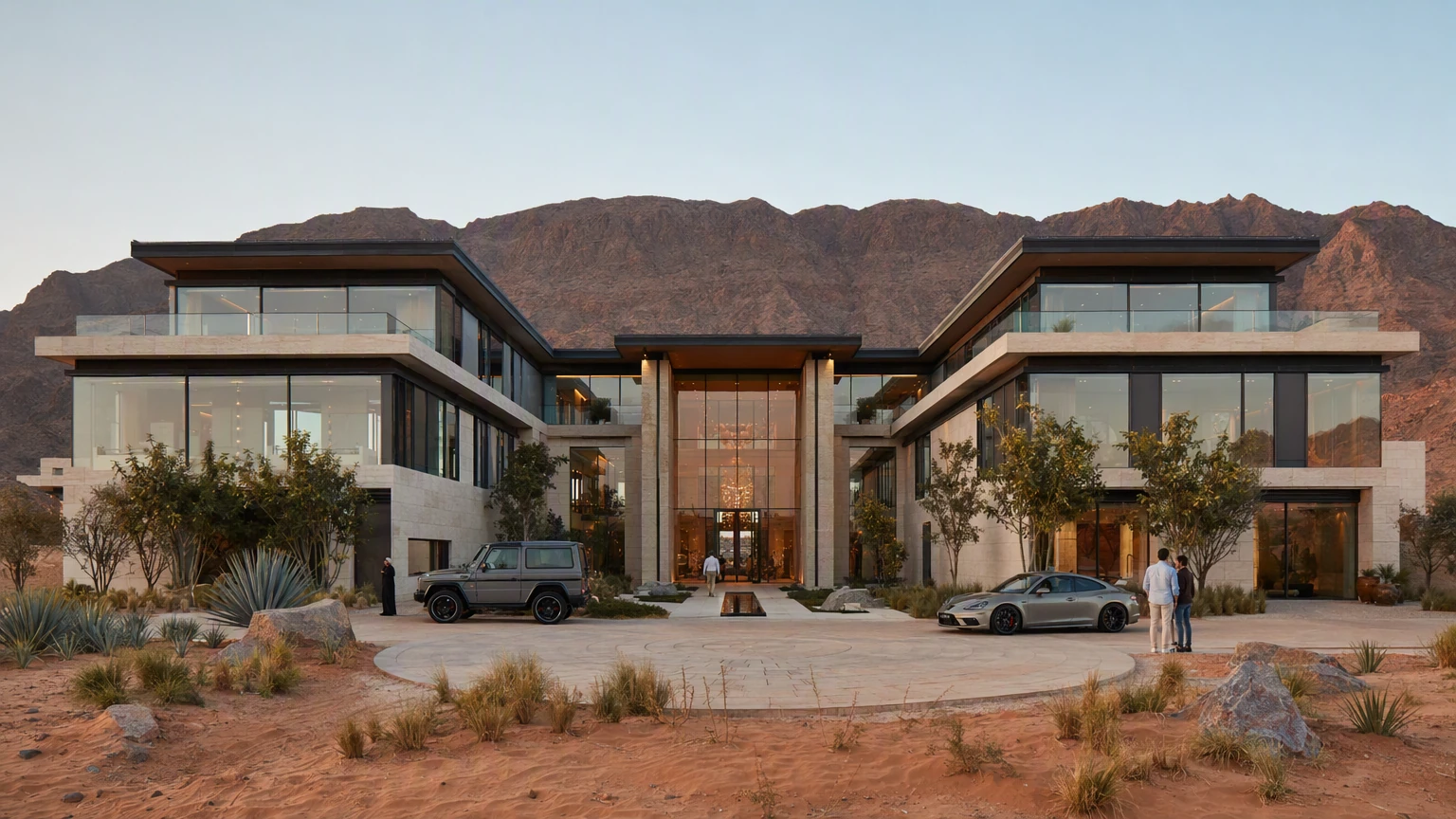 Three-storey Middle East desert villa with bronze aluminium windows and curtain wall glazing