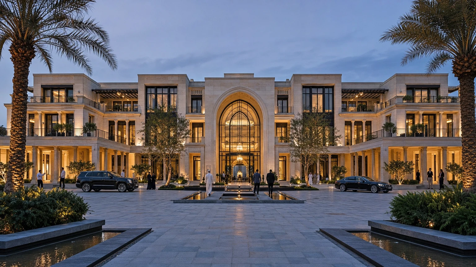 Large Middle East estate with arched curtain wall entrance and bronze aluminium windows