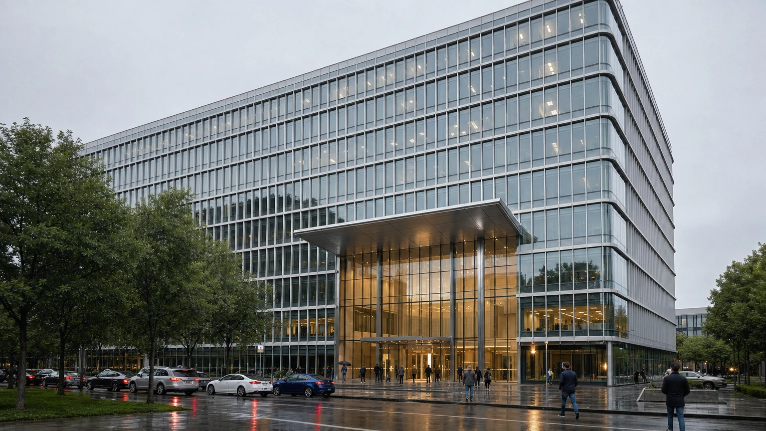 Large office headquarters with a unitized aluminium and glass curtain wall facade