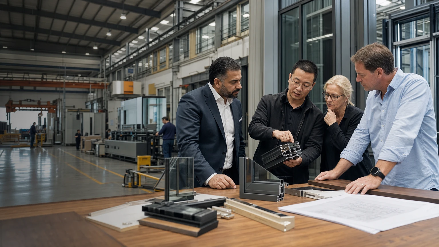 Overseas clients reviewing aluminium window and curtain wall samples with a Chinese project engineer