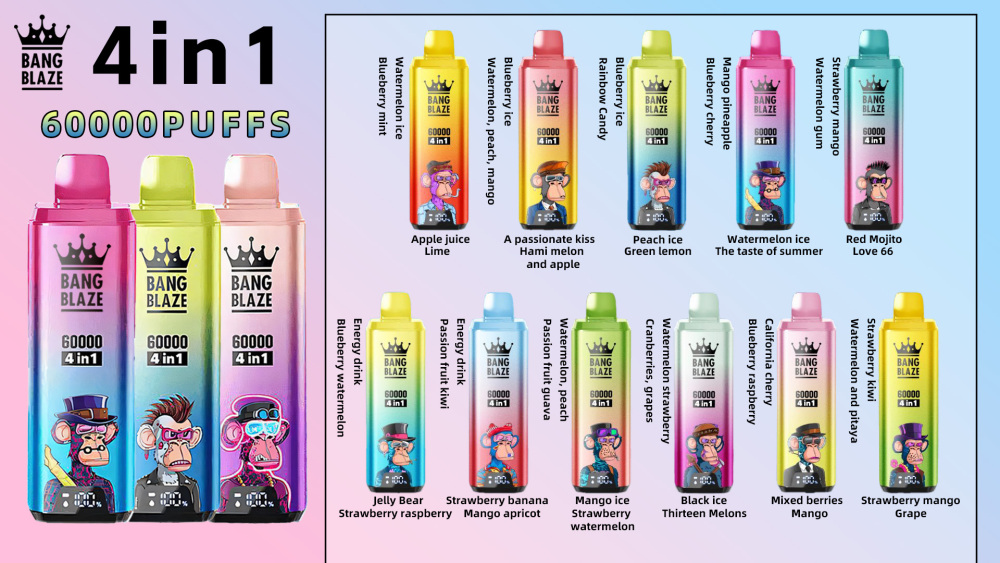 Overseas warehouse  Bang Blaze 60K 4-in-1 Disposable Vape | 4 Flavors in 1 | 60,000 Puffs | 60ml E-liquid | Smart Display | Type-C Charging