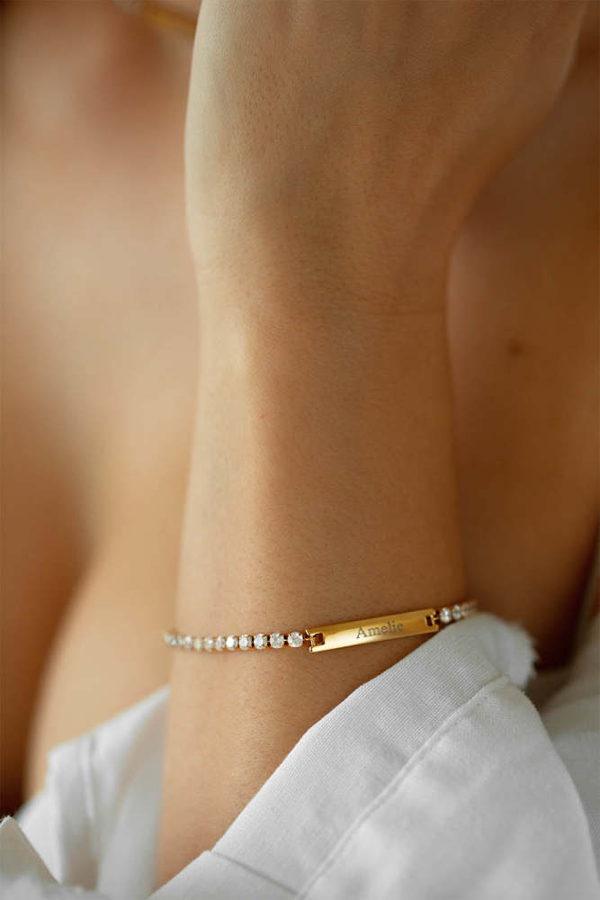 Engravable Tennis Bracelet for Women – Custom Name or Date, 14K Gold Plated, BirthdayAnniversary Gift for Her