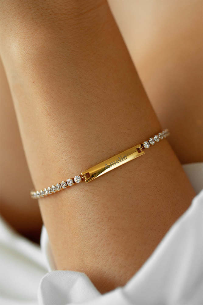 Engravable Tennis Bracelet for Women – Custom Name or Date, 14K Gold Plated, BirthdayAnniversary Gift for Her