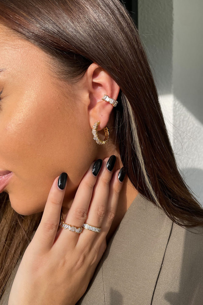 Baguette Hoop Earrings – Lab-Created White Gold Plated, Rectangle Cut Cubic Zirconia