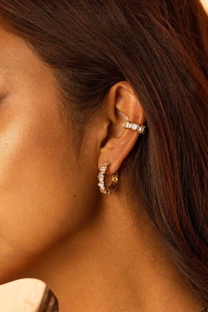 Baguette Hoop Earrings – Lab-Created White Gold Plated, Rectangle Cut Cubic Zirconia