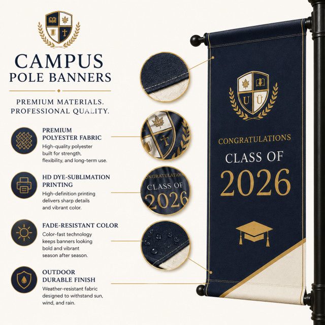Close-up fabric detail of custom campus pole banner with vivid printing