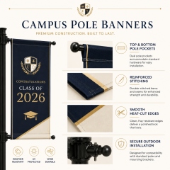 Campus pole banners for Class of 2026 graduation ceremony display