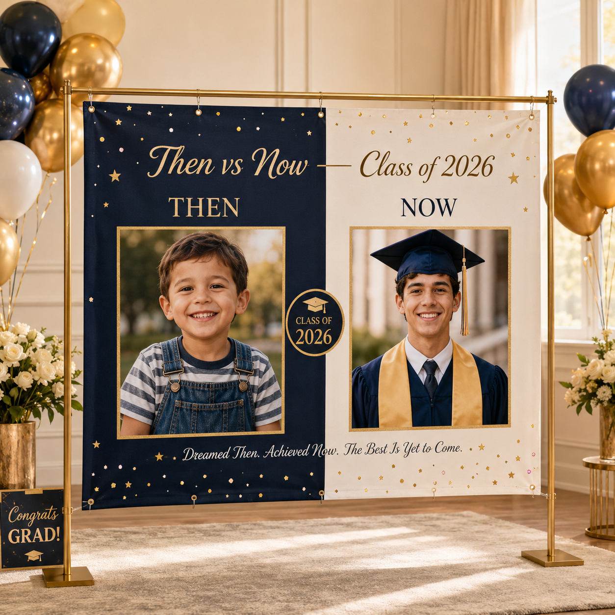 Custom Then vs Now graduation banner with childhood and graduation photos