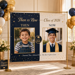 Custom Then vs Now graduation banner with childhood and graduation photos