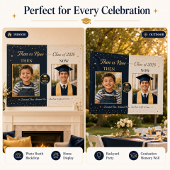 Personalized Then vs Now graduation banner displayed on a front porch