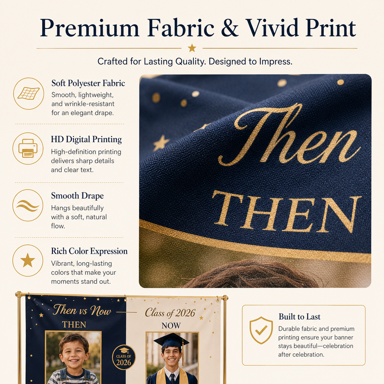 Vivid photo printing detail on personalized Then vs Now graduation banner