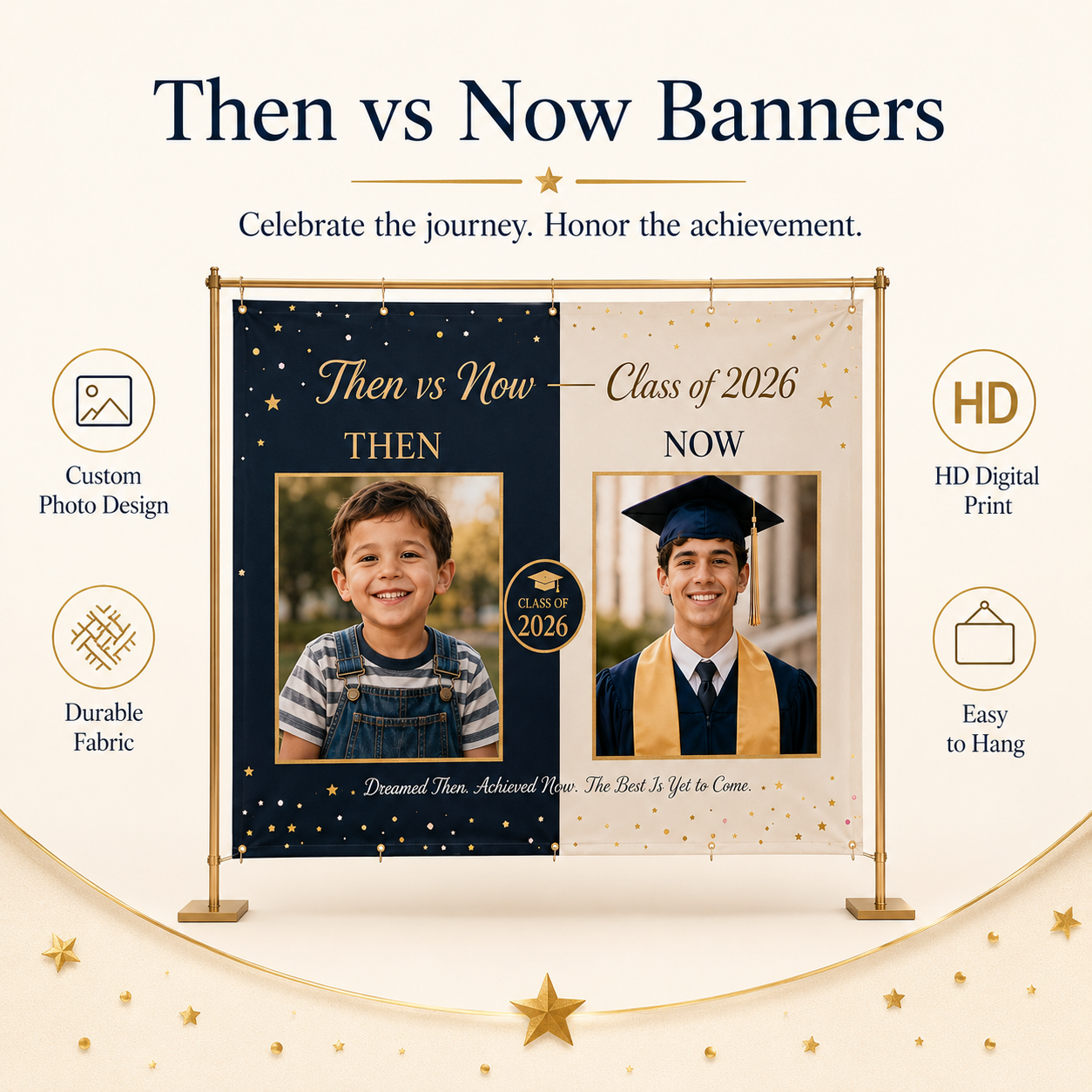 Then vs Now graduation banner used as a photo booth backdrop