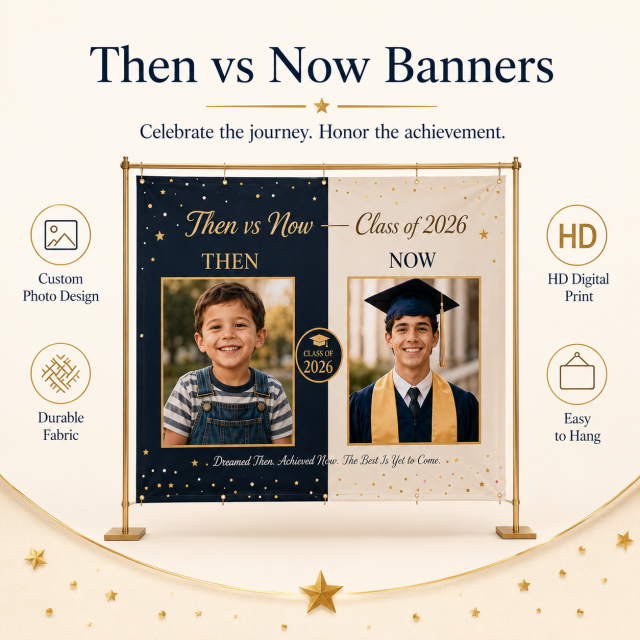 Then vs Now graduation banner used as a photo booth backdrop