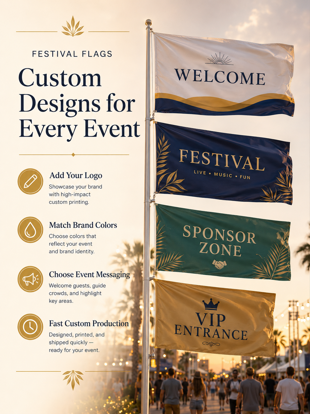 Custom Festival Flags for Outdoor Events,Custom Flags & Banners Manufacturer | Low MOQ, Fast Turnaround,Custom Horizontal Festival Flags with Pole Display