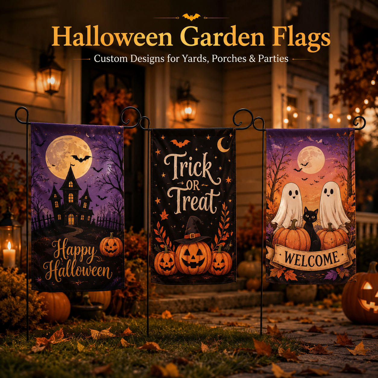 Halloween garden flag displayed in front yard