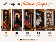 Halloween porch flags hanging on front porch