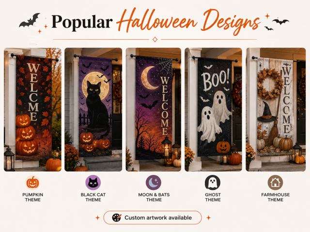 Halloween porch flags hanging on front porch