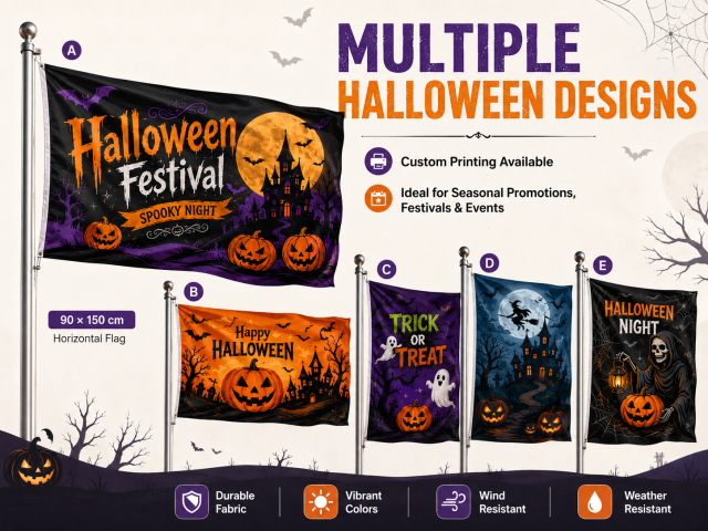 horizontal Halloween festival flag flying on flagpole