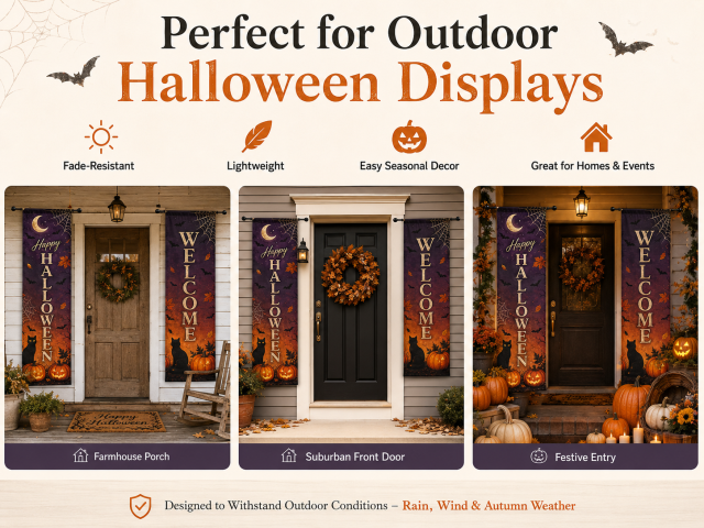 custom Halloween porch flags with logo text and artwork