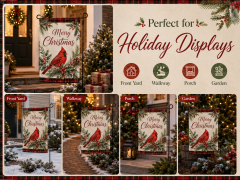 Custom Christmas garden flag designs with trees, wreaths, snowflakes and gifts
