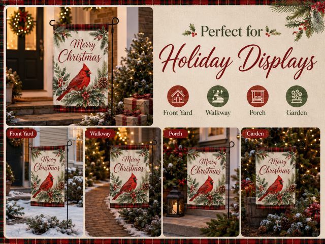 Custom Christmas garden flag designs with trees, wreaths, snowflakes and gifts