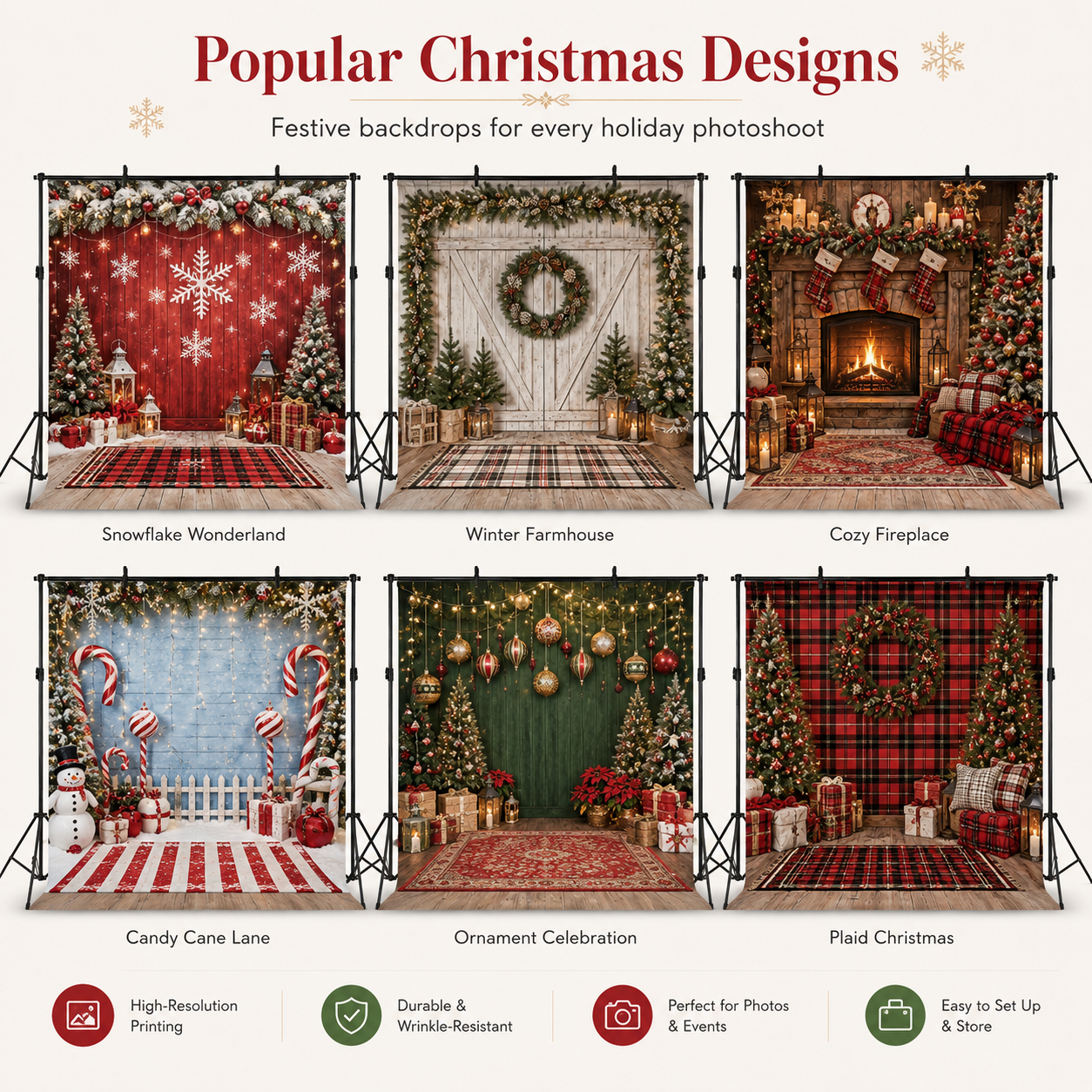 Custom Christmas backdrops for holiday events, stores, markets, and seasonal displays