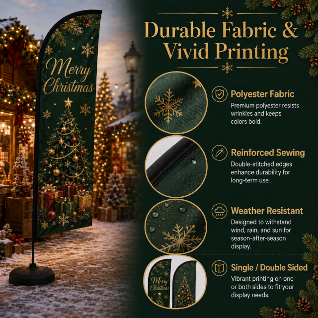 Custom Christmas feather flags for holiday markets and outdoor seasonal displays