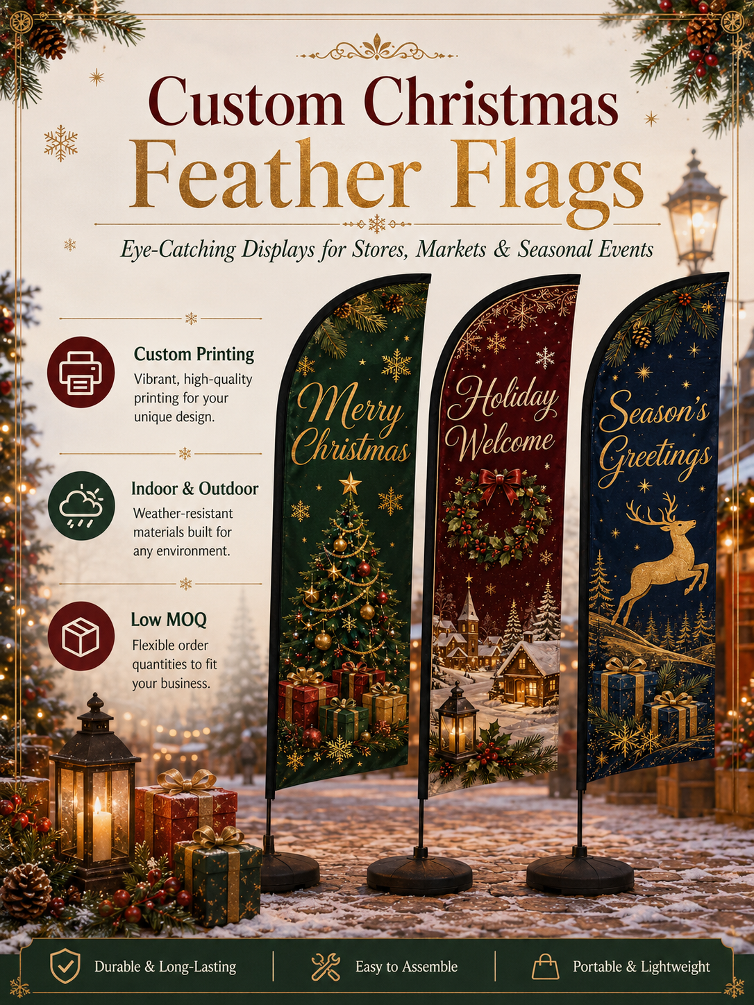Custom Christmas feather flags with logo, artwork and festive holiday printing