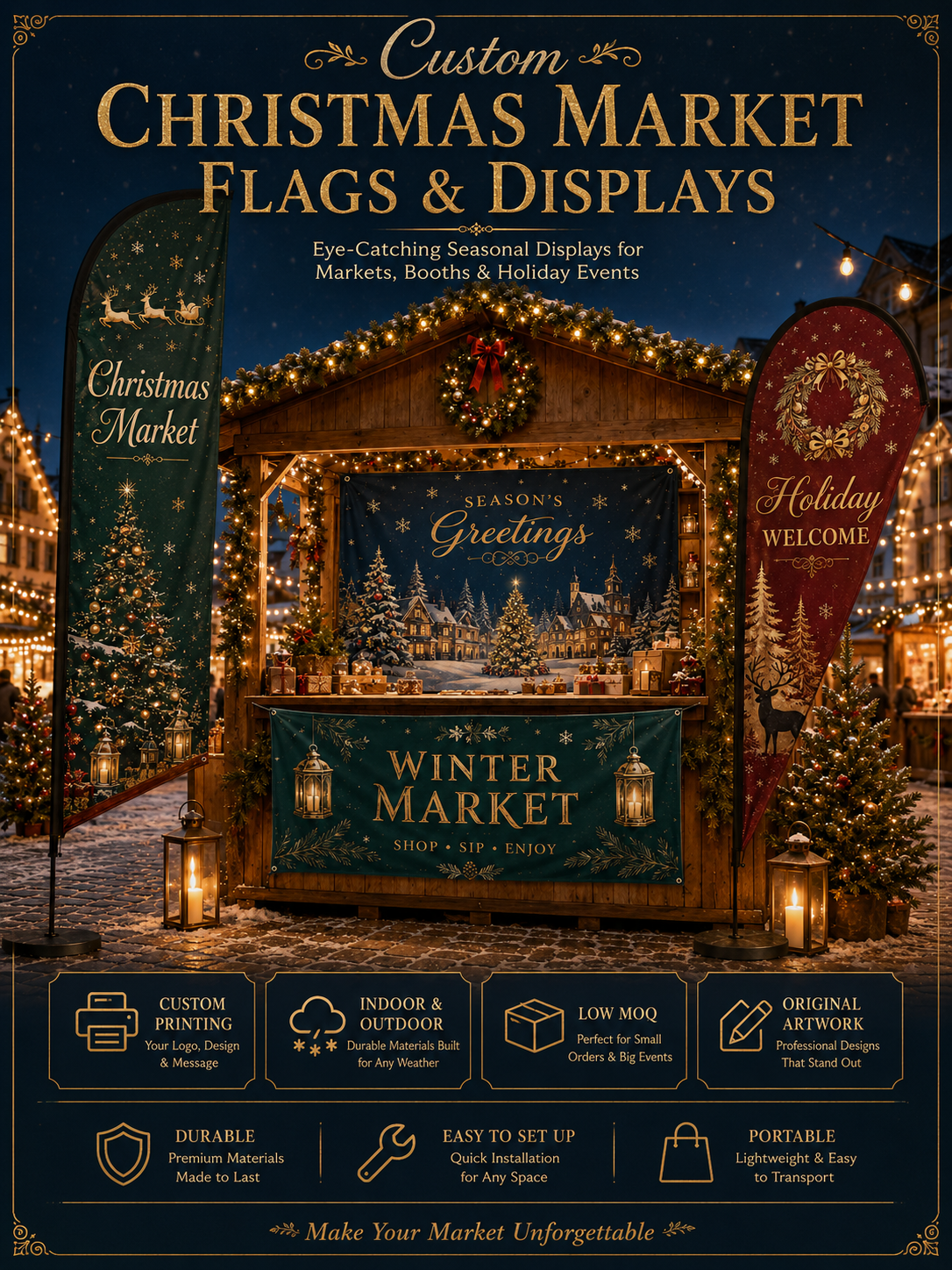 Custom Christmas market flags and displays for holiday booths and seasonal events