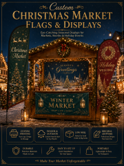 Custom Christmas market flags and displays for holiday booths and seasonal events