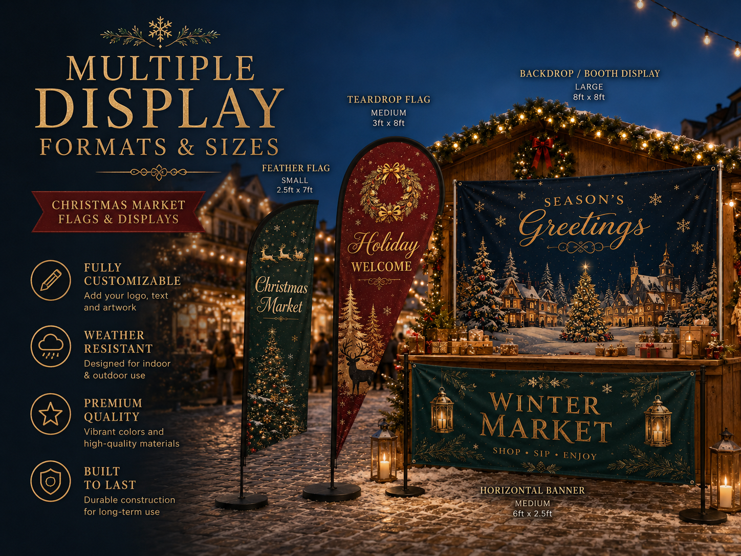 Christmas market booth with custom feather flags teardrop flags banners and backdrop
