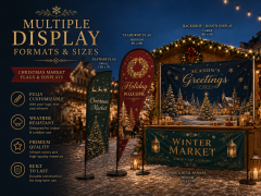Christmas market booth with custom feather flags teardrop flags banners and backdrop