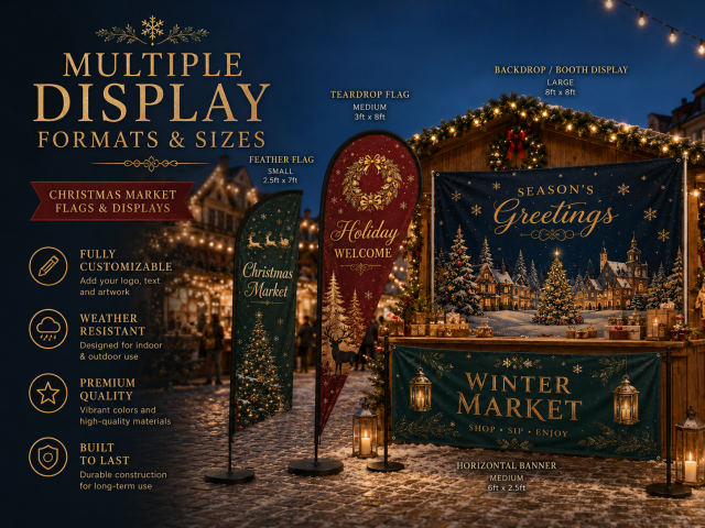 Christmas market booth with custom feather flags teardrop flags banners and backdrop