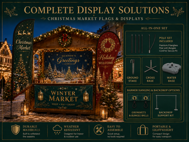 Multiple Christmas market display formats and sizes including flags banners and booth backdrops