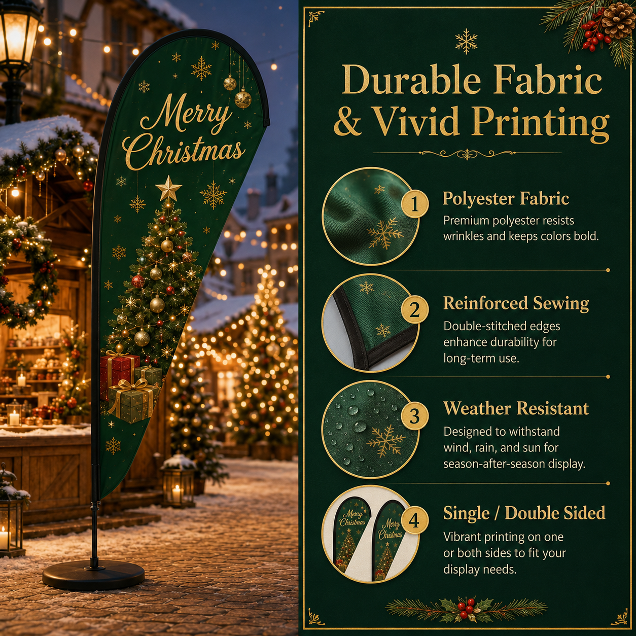 Custom Christmas teardrop flags with logo, artwork, and seasonal event display options