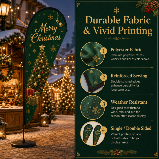Custom Christmas teardrop flags with logo, artwork, and seasonal event display options