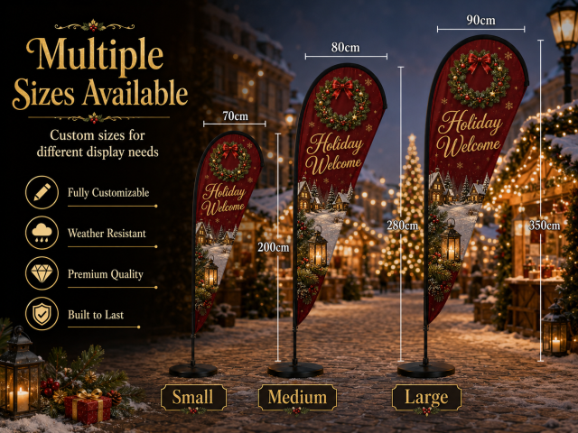 Christmas teardrop flags with pole set, ground stake, cross base, and water base options