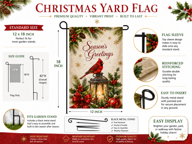 Christmas yard flags displayed outdoors with festive lights and winter decorations