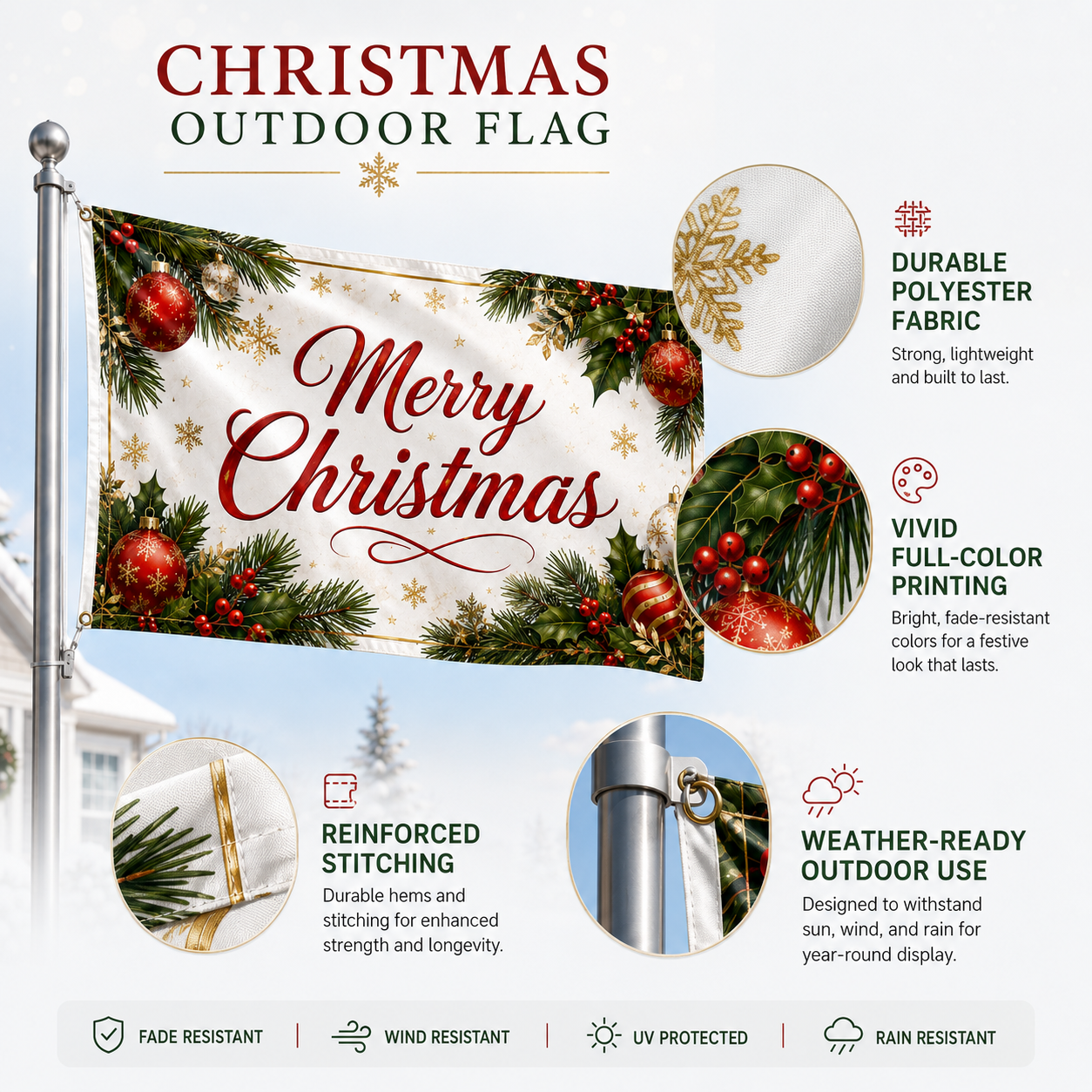 Custom logo Christmas outdoor flags with festive artwork and brand colors